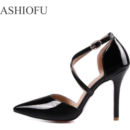 ASHIOFU Womens 10cm High Heel Pumps X-straps Party Prom Dress Shoes Wedding Patent Leather Fashion Evening Club Court Shoes