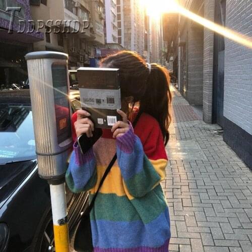 2019 Sweet Rainbow Stripe Women Sweater Korean Lazy Style Loose Pullover Knitting Female Sweaters