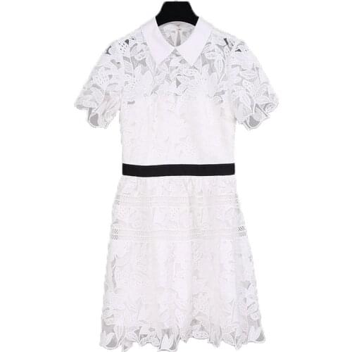 2021 summer new arrive white color mini lace dress short sleeve turn down color women hollow out sexy dress