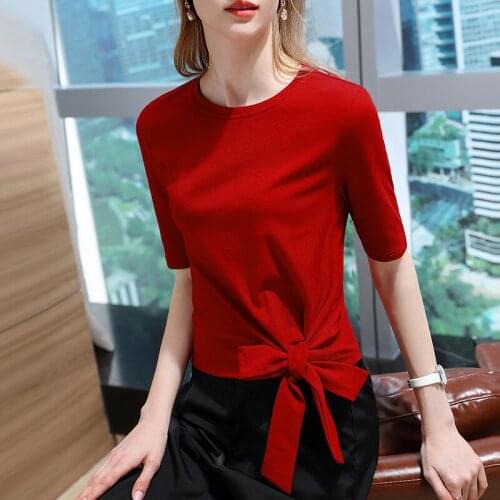 310021 Elegant T-Shirt Half Sleeve Summer O-Neck Bandage Bow-Knot Solid Color Slim Fit Skin-Friendly Soft Tops Office Lady Tees