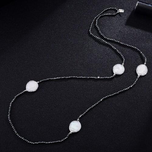 Ambrum NEW 2019 Big Coin Pearls Necklace,Long Hematite Beaded Jewelry,Fine White Pearl Sweater Necklace,Princess Jewelry Women