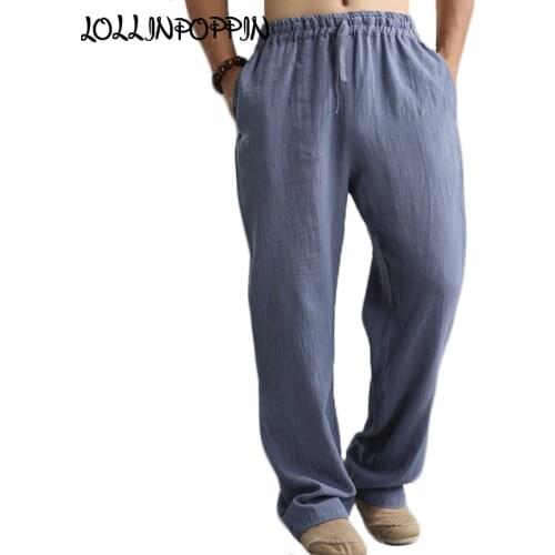 Elastic Waist Men Blue Linen Pants Chinese Style 2019 Mens Casual Linen & Cotton Trousers Comfortable Solid Loose Pants
