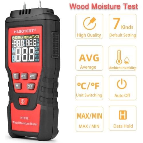 HABOTEST Two Pins Digital Wood Moisture Meter For Wood 0-99.9% Wood Humidity Tester Timber Damp Detector with Large LCD Display