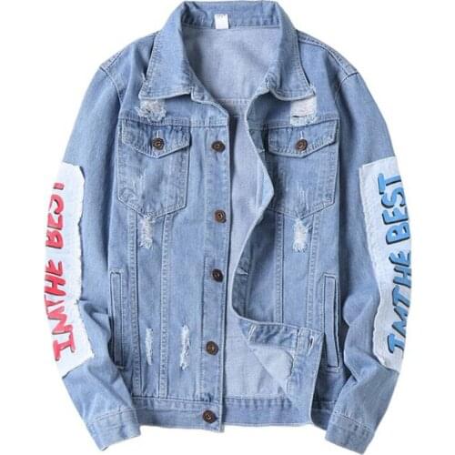 New denim jacket men spring autumn patch printed Jeans Coats trend ripped Stretch Outerwear Cotton Soft Streetwear Hip Hop Slim