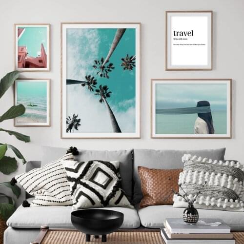 Wall Art Canvas Painting Pink Building Coconut Tree Sea Girl Nordic Posters And Prints Landscape Wall Pictures For Living Room