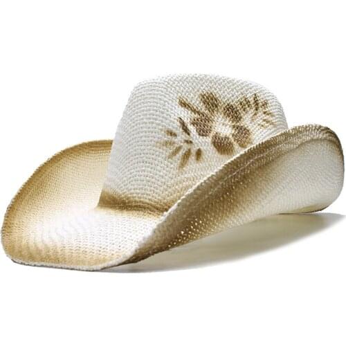 LUCKYLIANJI Womens Mens Summer Solid Flower Print Wide Brim Cap Straw Beach Cowboy Western Cowgirl Hat (One Size 60cm )