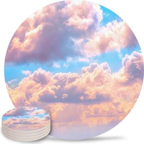 Beautiful Pink Cotton Candy Clouds Ceramic Coasters Waterproof Tea Cup Mat Christmas Home Decor Coasters for Glasses