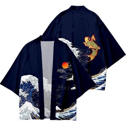 Kimono Man Japanese Clothes Yukata Samurai Costume Haori Obi Beach Men Kimono Cardigan Japanese Streetwear Carp Waves Coat Pants