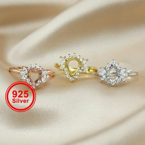 Halo Pear Prong Ring Settings Flower Rose Gold Plated Solid 925 Sterling Silver Adjustable Ring Bezel for Gemstone 1294246