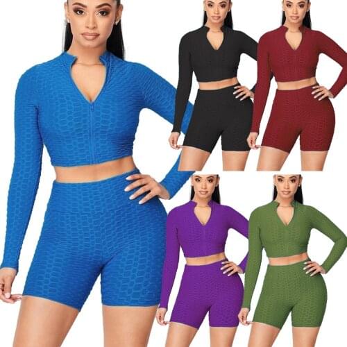 Two-Piece Short Womens Seamless Zipper Two-Piece Long-Sleeved Fitness Pineapple Pattern Solid Color Leisure Yoga Sports Suit