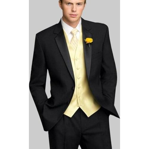 Custom Luxury Two Button Notch Lapel Black Suit With Yellow Vest Slim Fit Groomsmen For Wedding Beach Party Male Clothing 3 Prc