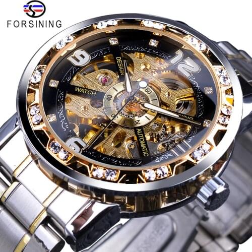 Forsining Fashion Diamond Golden Sliver Skeleton Transparent Mechanical Watch Stainless Steel Luminous Sport Business Men Watch