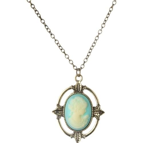 Vintage Bronze Light Blue Cameo Necklace The Vampire Diaries Katherine Beauty Head Portrait Long Chain Necklace for Women
