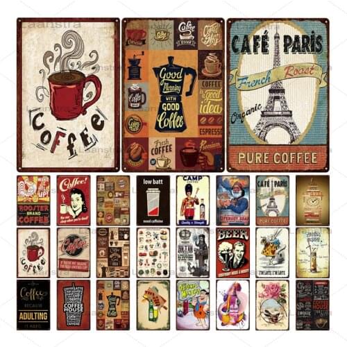 Tin Signs Plaque Metal Vintage Coffee Cup Bean Metal Sign Wall Decor for Man Cave Bar Pub Club Iron Painting Decorative Plate