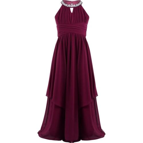 6-16Y Kid Girls Sequined Halter Flower Girls Dresses Teen Chiffon Princess Dress Pageant Wedding Bridesmaid Birthday Party Dress