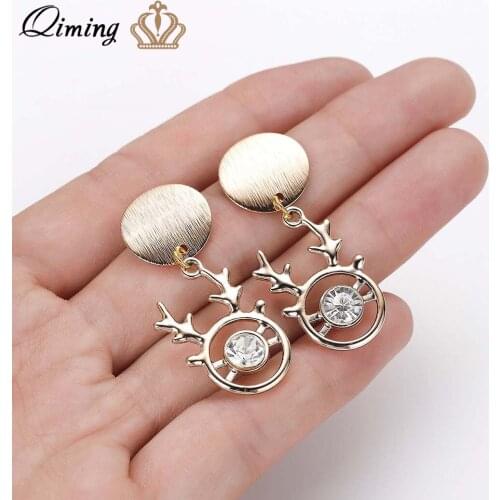 QIMING Simple Gold Deer Crystal Earrings Geometric Big Round Earrings Women Fashion Big Drop Dangle Earrings Christmas Jewelry