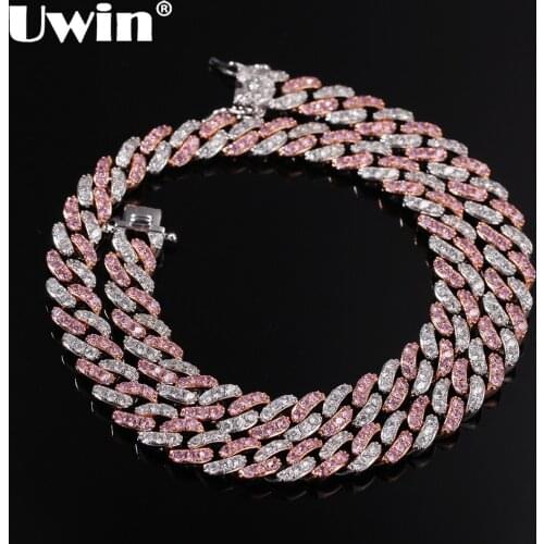UWIN 9mm Iced Out Women Choker Necklace Rose Gold Cuban Link With White &Pink Cubic Zirconia Chain Fashion Jewelry Drop shipping