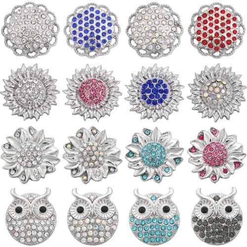 5pcs/lot New Snap Button Jewelry Rhinestone Sunflower Owl 18mm Metal Snap Buttons Fit DIY Snap Bracelet Interchangeable Jewelry