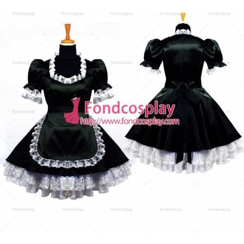 Sexy Sissy Maid Black Satin Uniform Lockable Dress Cosplay Costume Custom-made[G639]