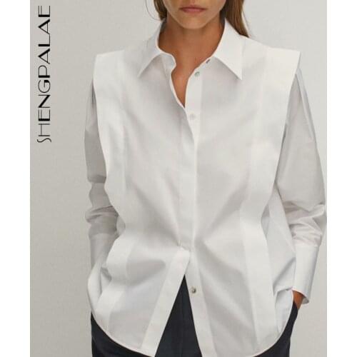 SHENGPALAE Minimalist Blouse Womens Spring 2021 New Lapel Loose Single Breasted Patchwork Long Sleeve Simple Shirt Female 5C151
