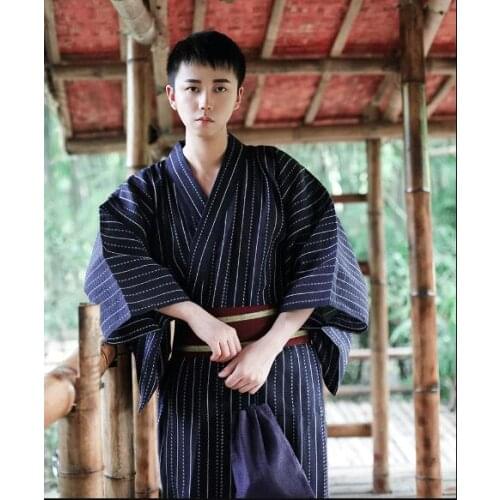 Japanese traditional Kimono Men Home daily Vintage Robe Samurai