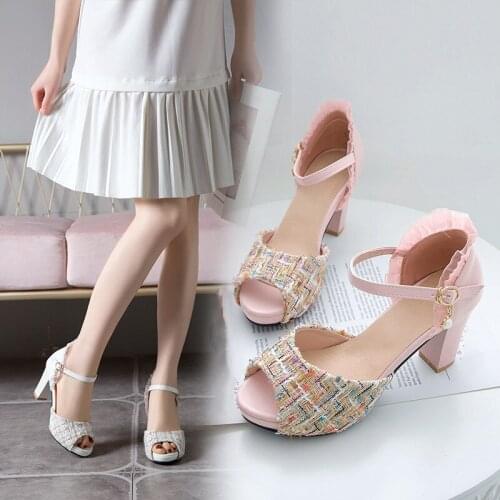 YQBTDL Colorful Plaid Lace Pink Lovely Peep Toe High Heel Sandals Women White Black Party Woman Shoes Plus Size Platform Shoes