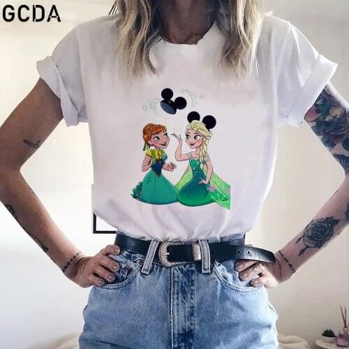 Harajuku Funny Cartoon T Shirt Women Frozen Elsa Anna Mickey Ear Hat Two Sisters Girls T-shirt Cute Tshirt Streetwear Top Tees