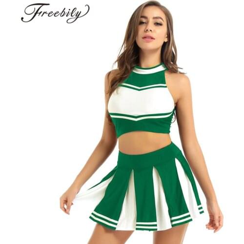 2Pcs Women Adults Cheerleading Uniforms Female Cheerleader Costume Outfit Stand Collar Sleeveless Crop Top + Mini Pleated Skirt