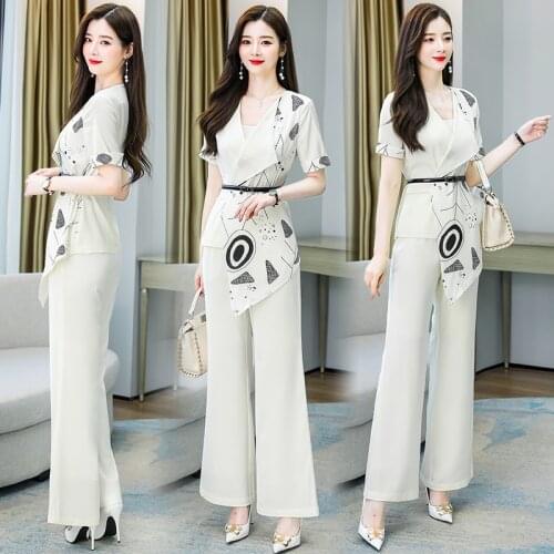 Summer Women Suits Fashion Irregular Cardigan Set Ladies Wide Leg Trousers Two Pieces Notched Collar Blouse Coat with Pants