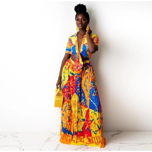 2021 Best Quality Famous Brand 2 pcs Women Set Luxury Print Turn-down Collar Blouse Maxi Dress Sexy Club Outfits