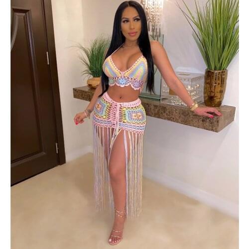 New Sexy Crochet Tassel Two Piece Skirt Set Beach Dress Suit Summer Outfit Womens 2021 2 Piece Matching Sets