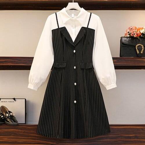 5XL plus size women vintage Stripe Patchwork shirt dress autumn winter 2021 long sleeve button casual Fake two A line dresses