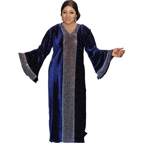 Plus Size African Womens Big Swing Dress V-neck Front and Back Hot Drilling Trumpet Sleeve Commuter Clothing