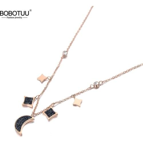 BOBOTUU Vintage Stainless Steel CZ Crystal Star Moon Charm Pendant Necklace Jewelry Trendy Choker Necklace For Women BN19116