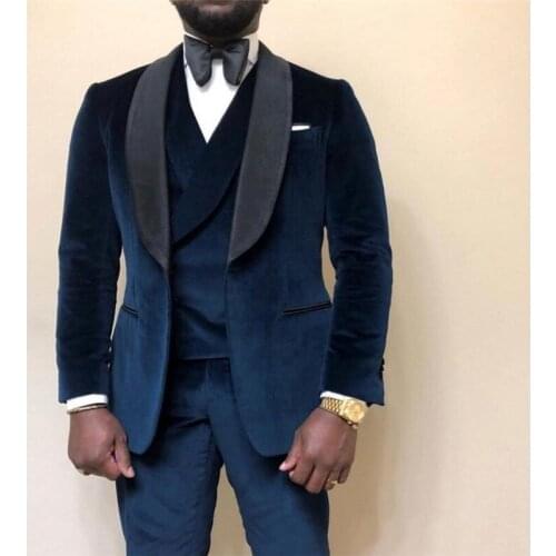 2020 Fashion One Button Navy Blue Velvet Groom Tuxedos Groomsmen Shawl Lapel Mens Suits Blazers (Jacket+Pants+Vest+Tie)