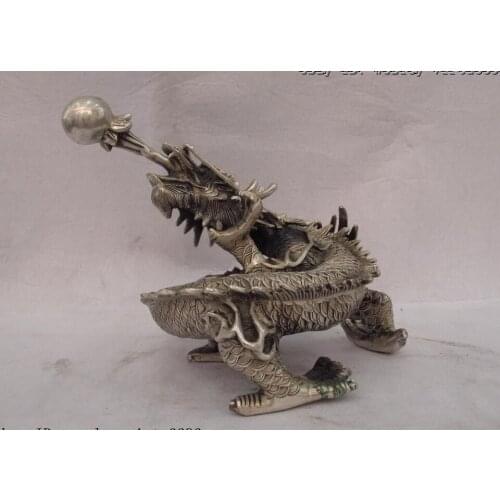 8 Chinese Royal white Copper silver Feng Shui Auspicious Dragon play bead Statue