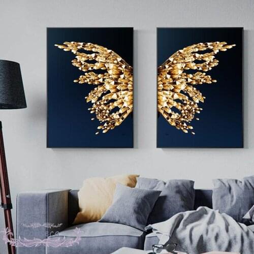 Abstract Butterfly Wings Canvas Painting Beautiful Gold Crystal Lamp Poster Minimalist Modern Home Decoration Wall Art Picture