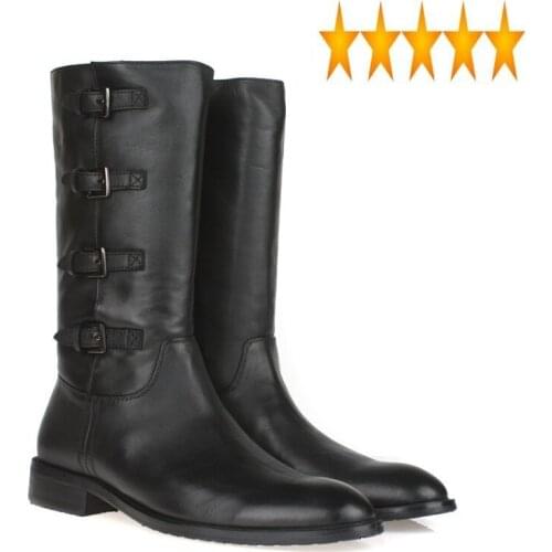 Brand Mens Winter Military Top Mid Calf Motorcycle Buckle Med Heels Genuine Leather Riding Safety Shoes Army Work Boots