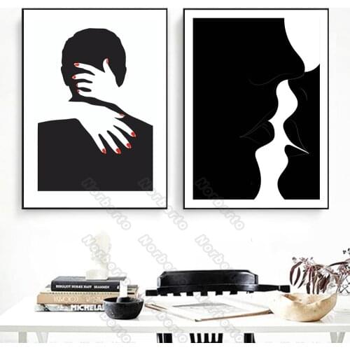 Modern Style Canvas Painting and Posters Ink Painting Picture of Outline a Couple Hug and Kiss for Home Rooms Wall Decoration