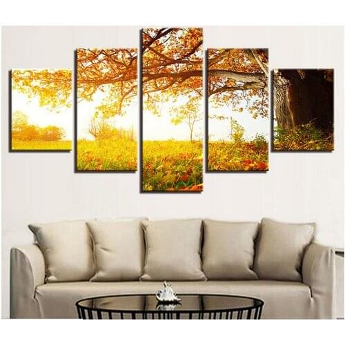 Canvas Pictures Home Decor Room HD Prints Poster Framework 5 Pieces Autumn Yellow Trees And Flowers Landscape Paintings Wall Art