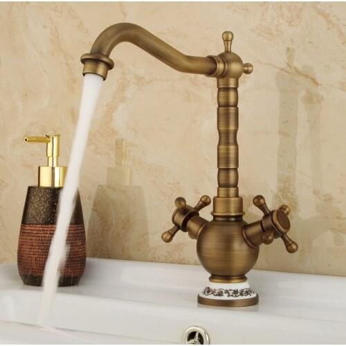 Classic Golden Bathroom Basin Faucet Mixer Toilet Faucet Double Handles Bath Brass Tap Hot Cold Water Mixer Control Deck Mount
