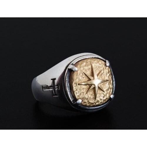 Retro Captain Compass Finger Ring for Men Ancient Gold Color Cross Compass Rings Punk Biker Jewelry Hip Hop Team Gifts for Party