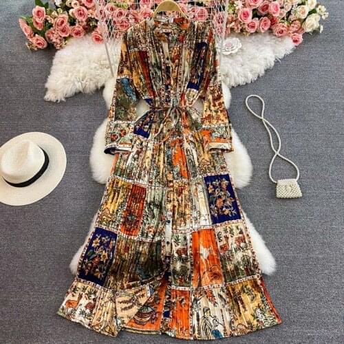 Fashion Vintage Floral Pleated Dress 2021 Autumn Loose A-Line Long Dress Printed Leopard Lace Up Korean Maxi Femme Robes zh588