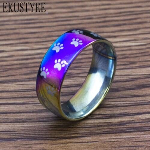 20 PCS Rainbow Dog Cat Paw Print Rings 8mm 316L Stainless Steel Footprints Rings For Men And Women Pet Animal Jewelry Lover Gift