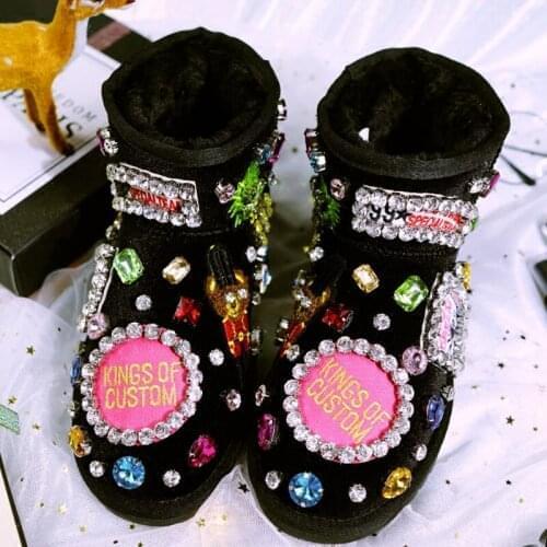Winter new hand-made custom rhinestone cloth stickers plus velvet snow boots wild warm thick-soled casual womens boots