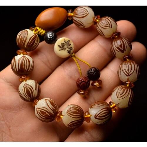 Wholesale White Skin Bodhi Carved Lotus Flower Beads Bracelets For Women Men Tibetan Buddhism Wooden Artisan Handmade Jewelry