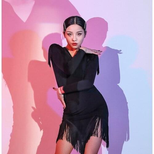New Latin Dance Sexy Fringe Dress Latin Long Sleeve Black Mesh Practice/Performance Dress Rumba Tassel Training Clothing DWY4874