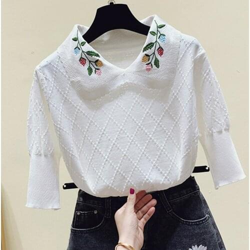 LJSXLS Embroidery Polo Collar Pullovers Womens Sweater Spring Summer Half Sleeve Knitted Sweaters Women White Sweet Top Female
