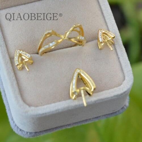 QIAOBEIGE New Handmade diy accessories S925 sterling silver v-shaped small pearl ear stud ring with pearl accessories