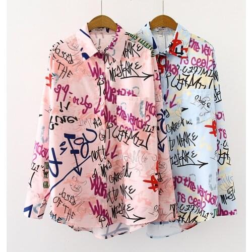 6colors Graffiti letter printing Women Blouses Fashion Blouse Streetwear Turn Down Collar Long Sleeve Loose Shirt Blusas Mujer